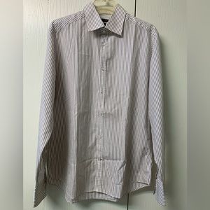 Jules Fitted Dress Shirt White with Brown and Tan Stripes Size 15 (Medium)